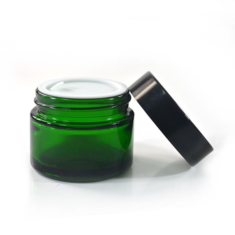 Custom aluminum cap cream container 1oz 2oz 15g 30g 50g plastic lid green glass cosmetic jar