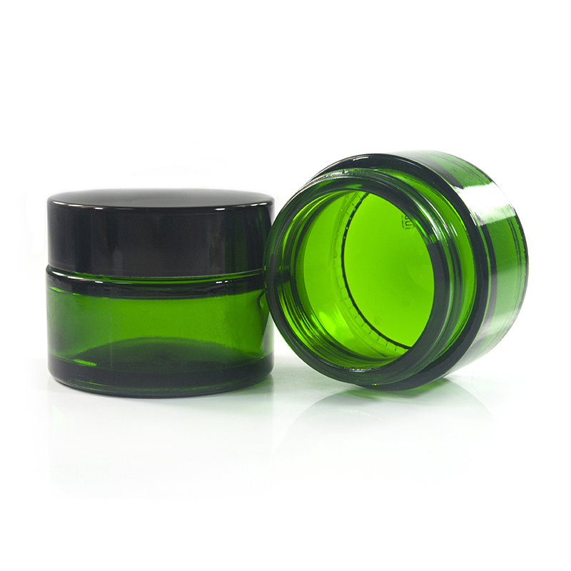 Custom aluminum cap cream container 1oz 2oz 15g 30g 50g plastic lid green glass cosmetic jar