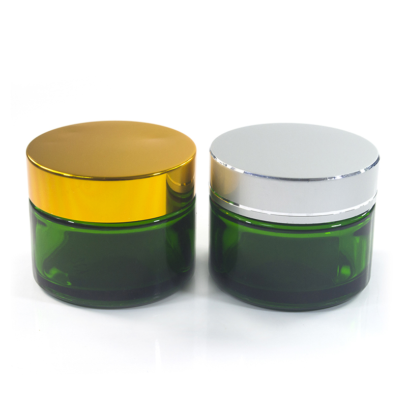 Custom aluminum cap cream container 1oz 2oz 15g 30g 50g plastic lid green glass cosmetic jar
