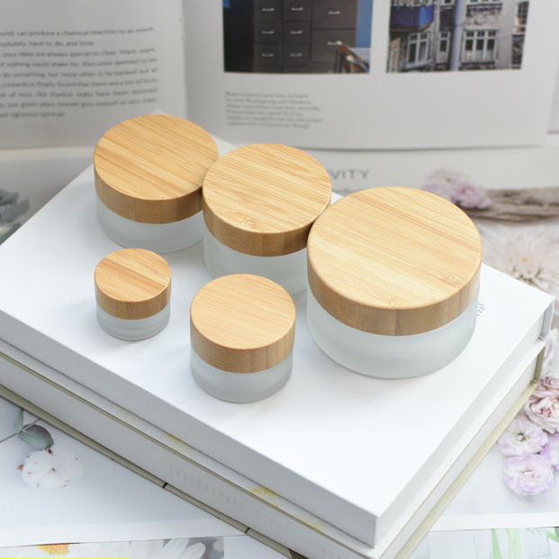 Custom bamboo lid frost glass cosmetic jar bamboo cream jar