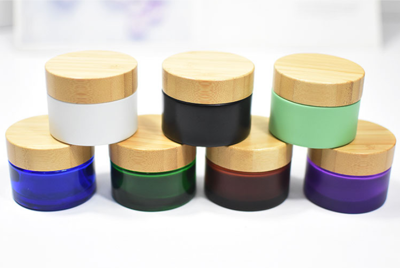 Custom bamboo lid frost glass cosmetic jar bamboo cream jar
