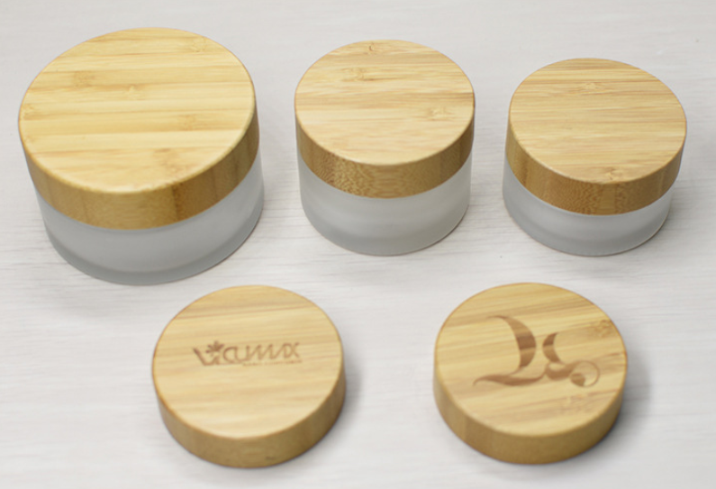 Custom bamboo lid frost glass cosmetic jar bamboo cream jar