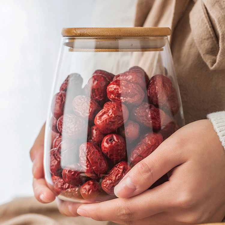 Custom bamboo wooden lid glass storage container jars and glass bottles