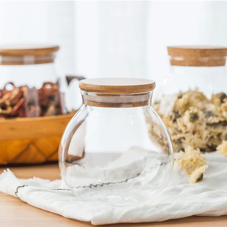 Custom bamboo wooden lid glass storage container jars and glass bottles