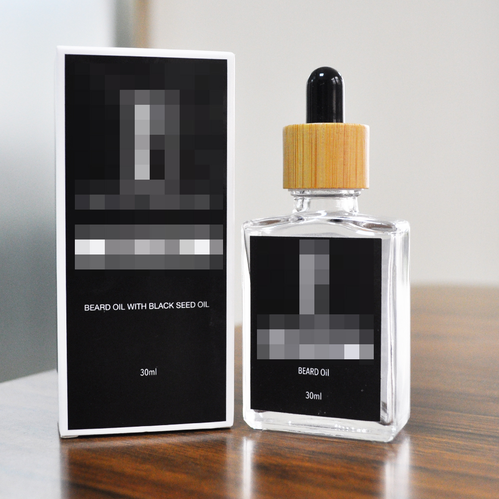 Custom blue matte black amber wooden bamboo cap glass dropper beard oil bottle box and label