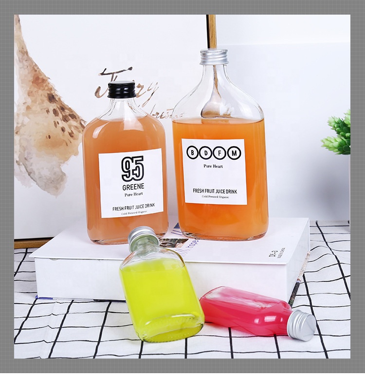 Custom clear 50ml 100ml 200ml 250ml 350ml 500ml liquor wine juice Cold Brew Coffee flat glass bottle with aluminum screw cap