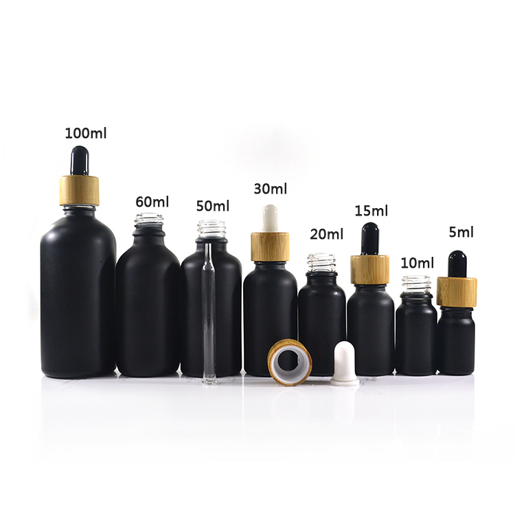 Custom color matt frosted dropper bottle with bamboo cap 30ml glass dropper bottle