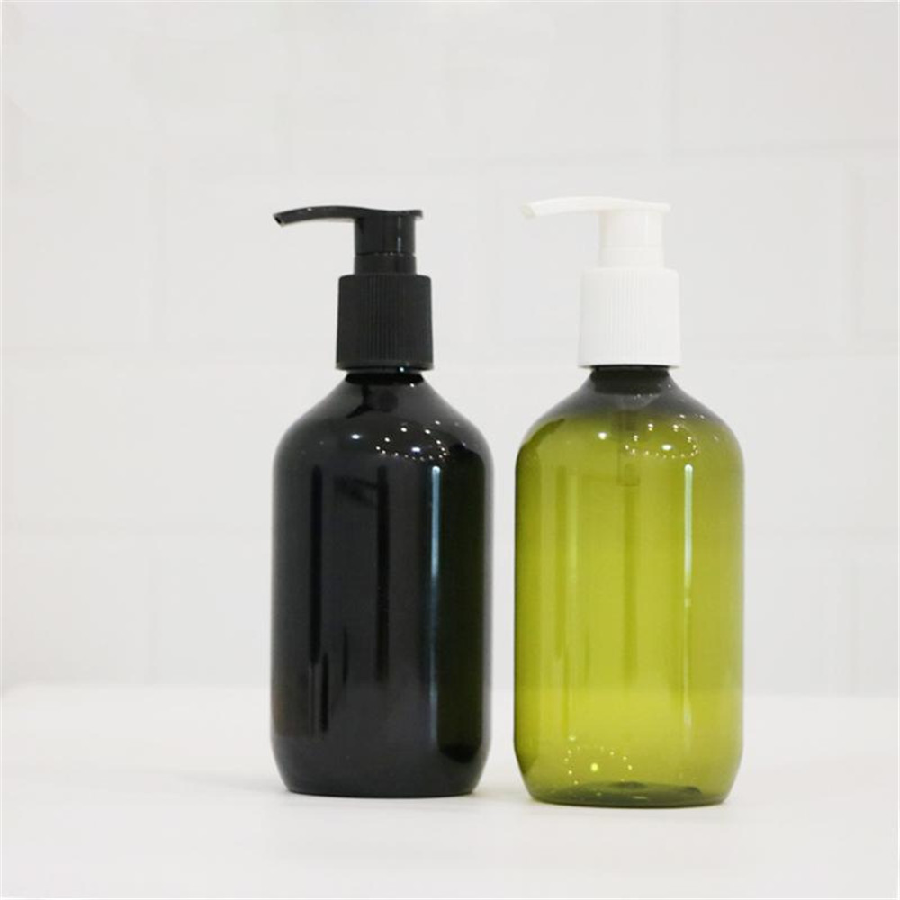 Custom colorful black white clear green Frosted Amber 250ml 500ml PET lotion Shampoo Bottles with Smooth Black screw cap/ pump