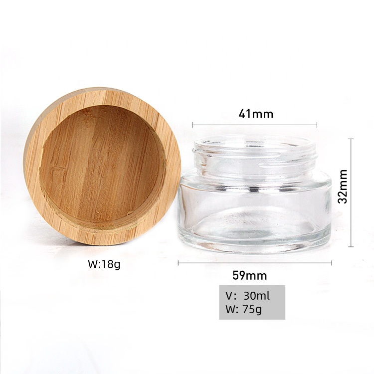 Custom cosmetic packaging 1oz 30ml cream glass container jar with bamboo wood lid