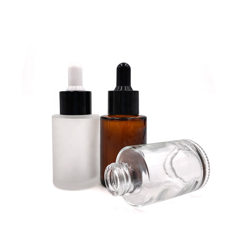 Custom design 1oz 30ml flat shoulder frosted amber clear glass dropper bottle for skin care packaging