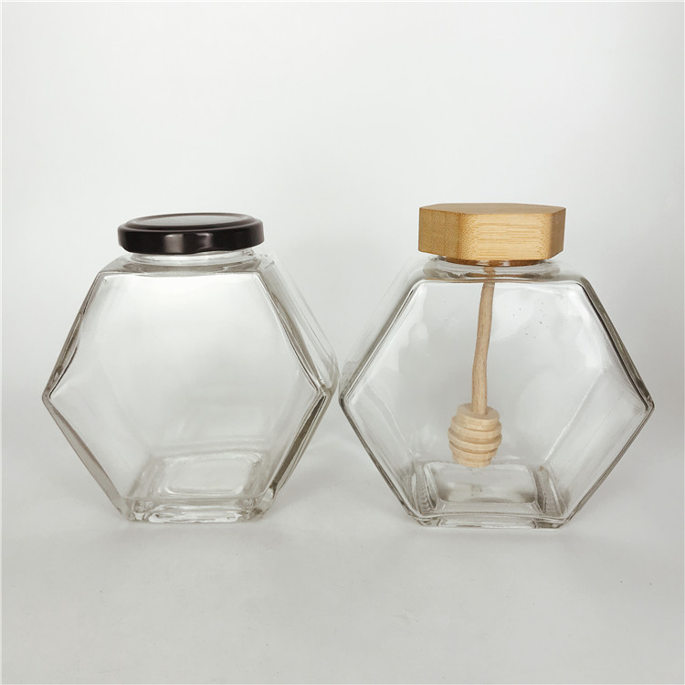 Custom design 380ml hexagonal shape empty honey glass bottle jar with black metal cap
