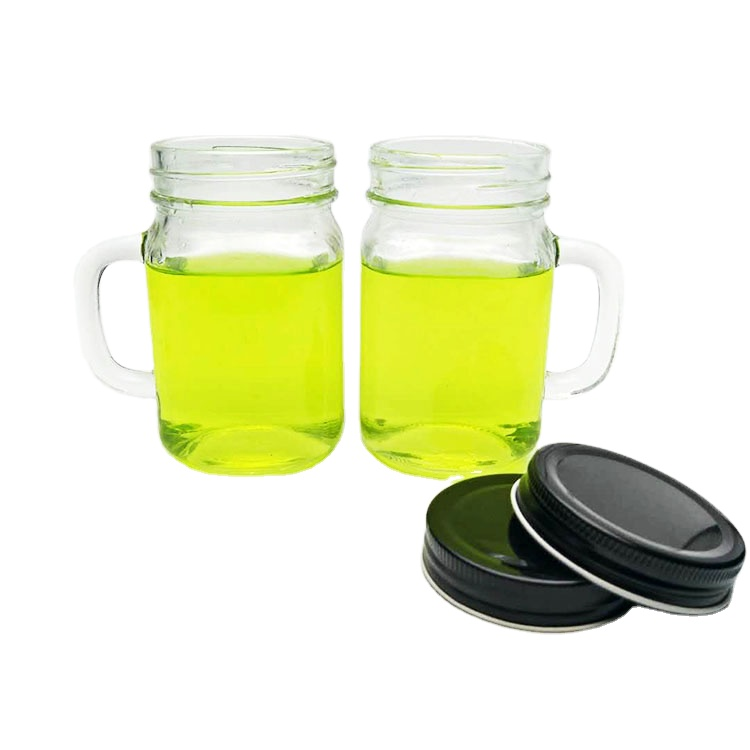 Custom design 400ml glass mason jar with handle and screw top lid for boba tea juice beverage
