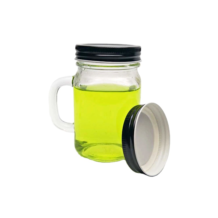 Custom design 400ml glass mason jar with handle and screw top lid for boba tea juice beverage