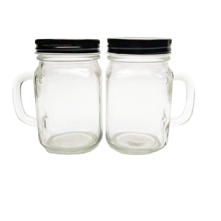 Custom design 400ml glass mason jar with handle and screw top lid for boba tea juice beverage