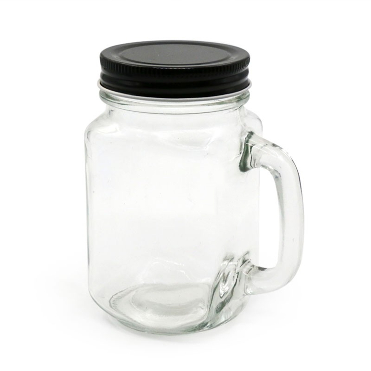 Custom design 400ml glass mason jar with handle and screw top lid for boba tea juice beverage