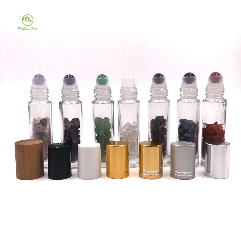 Custom design colorful cap 10ml clear glass roll on bottle with gemstones roller ball for essential oil