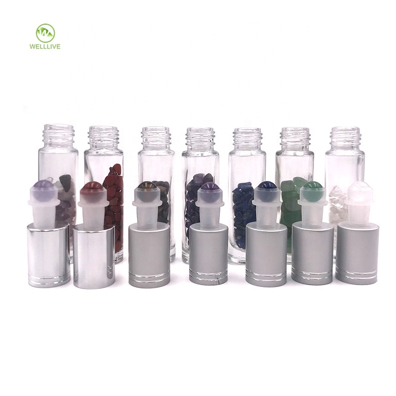 Custom design colorful cap 10ml clear glass roll on bottle with gemstones roller ball for essential oil