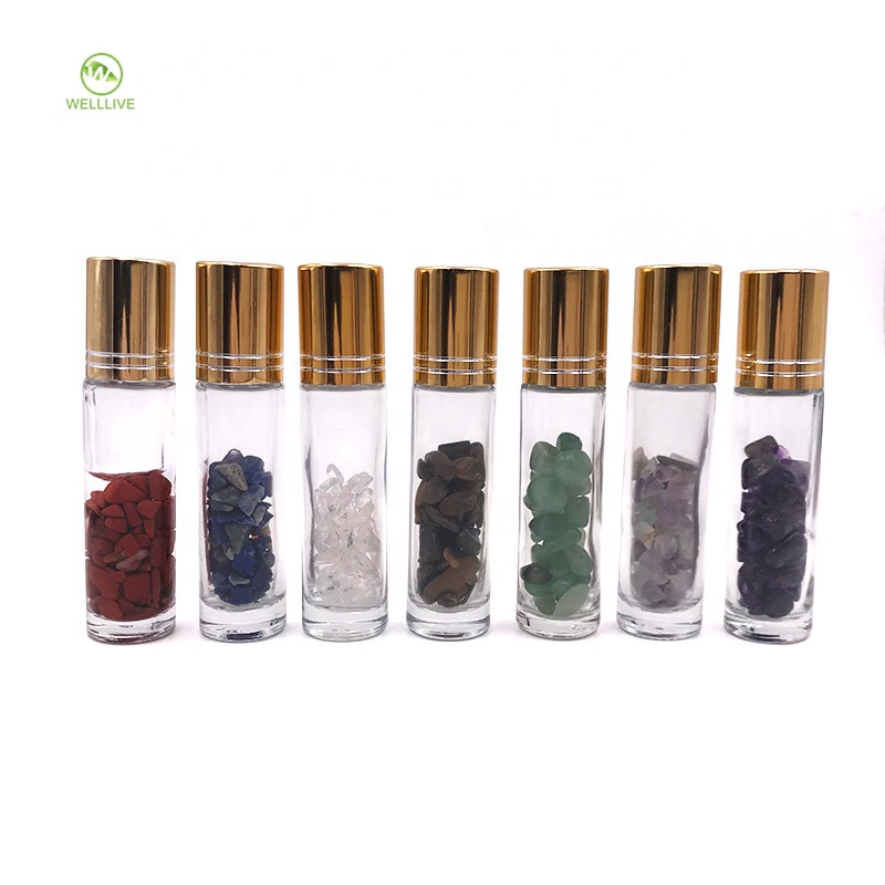 Custom design colorful cap 10ml clear glass roll on bottle with gemstones roller ball for essential oil