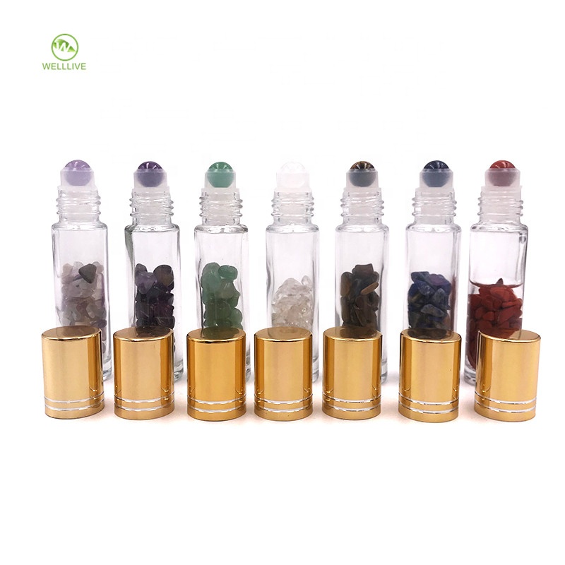 Custom design colorful cap 10ml clear glass roll on bottle with gemstones roller ball for essential oil