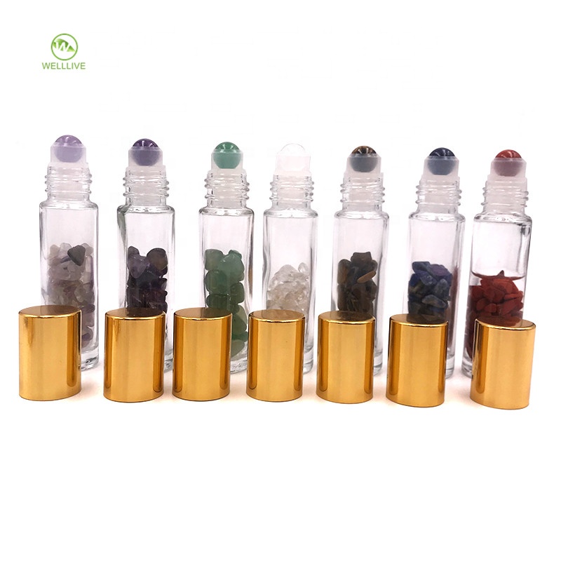 Custom design colorful cap 10ml clear glass roll on bottle with gemstones roller ball for essential oil