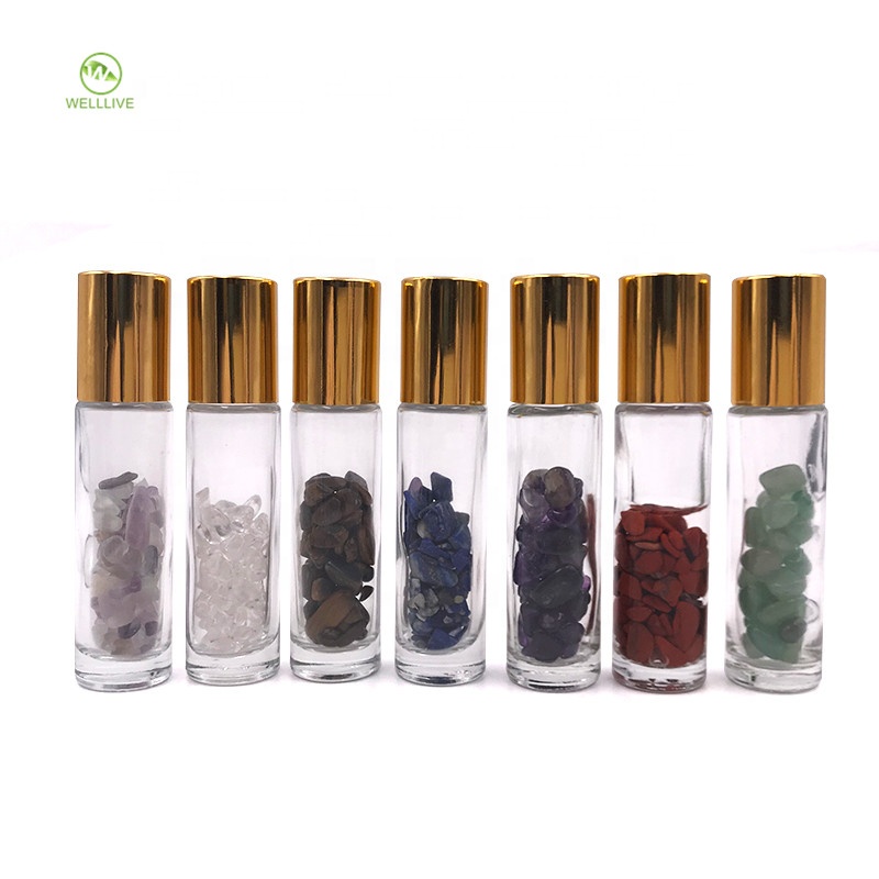 Custom design colorful cap 10ml clear glass roll on bottle with gemstones roller ball for essential oil