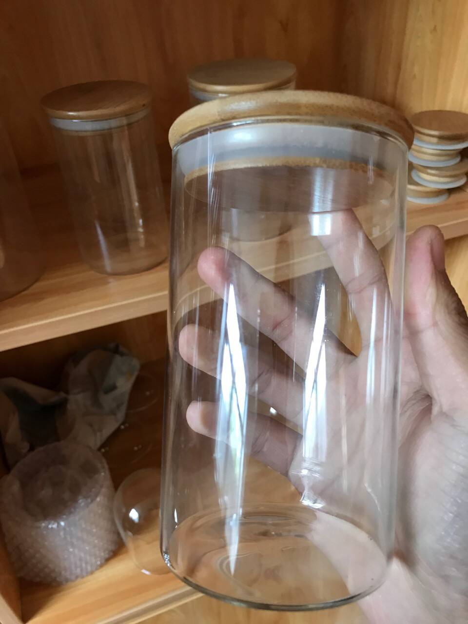 Custom design glass jars with wood lid