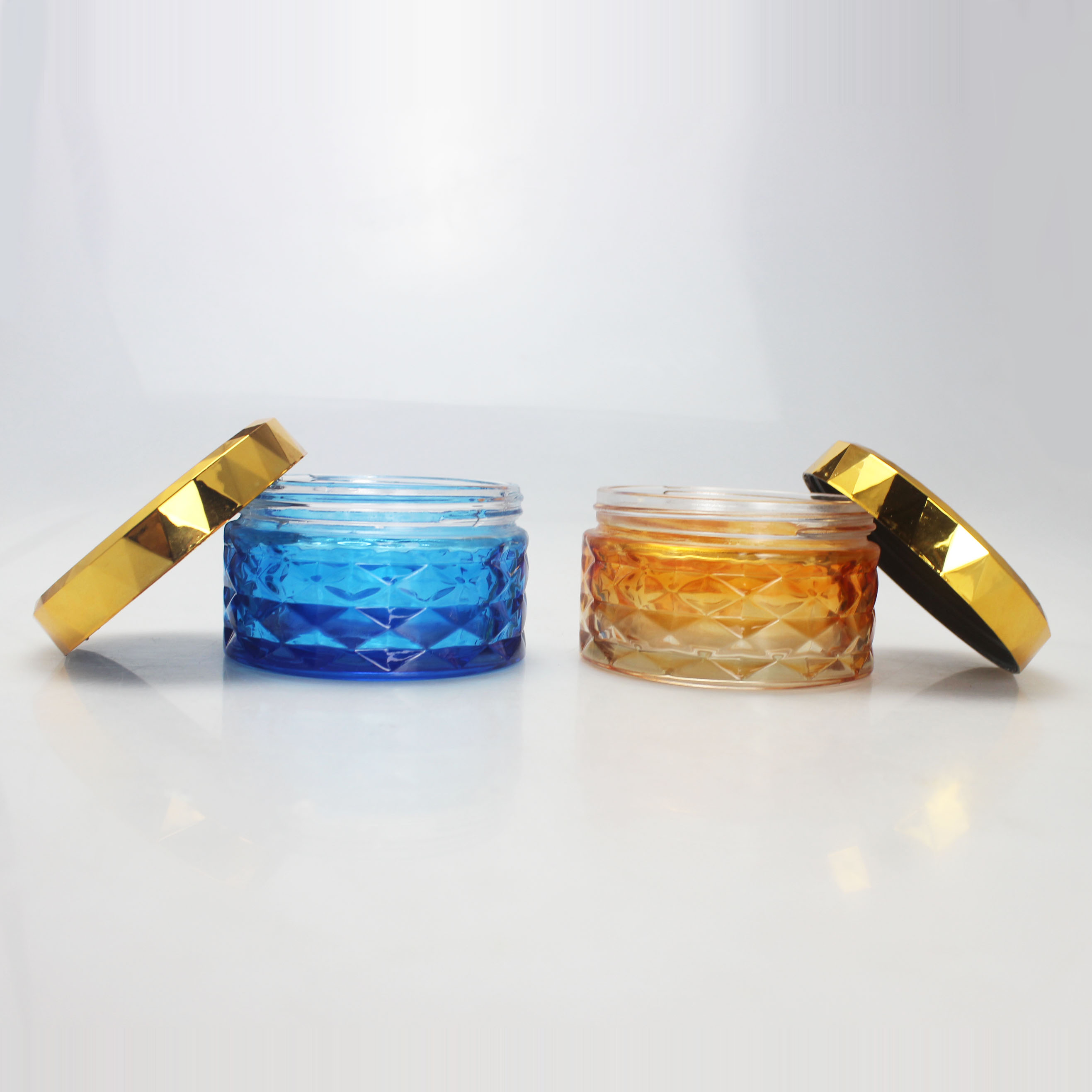 Custom different color glass cosmetic jar with plating golden lid wholesale