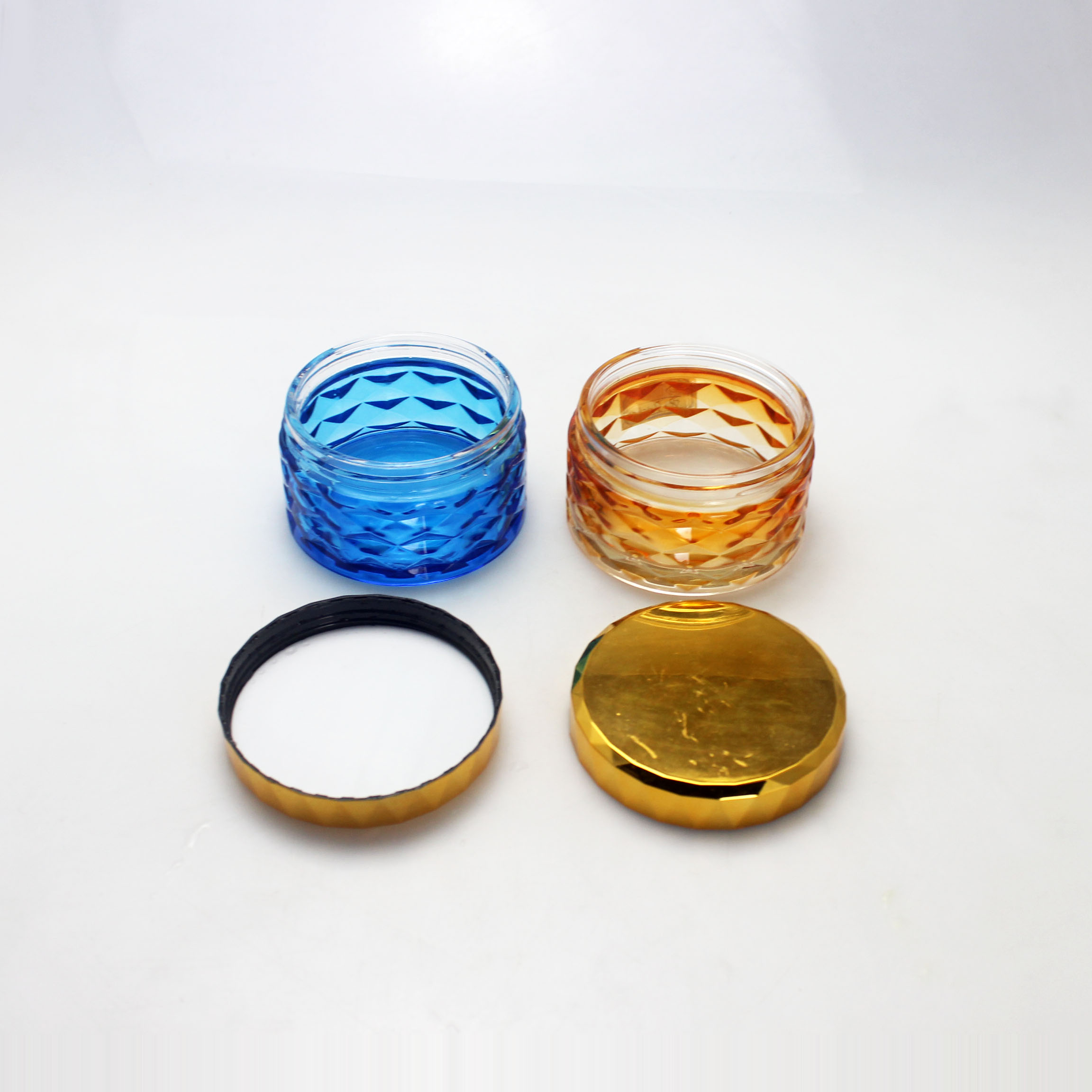 Custom different color glass cosmetic jar with plating golden lid wholesale