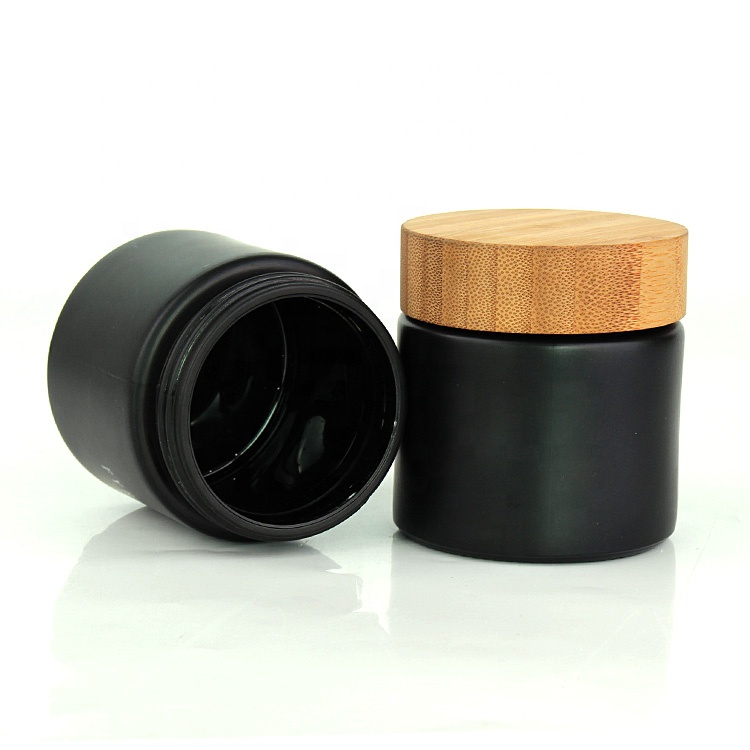 Custom empty 170ml 5oz round straight side matte black glass storage jars airtight with bamboo wooden lid