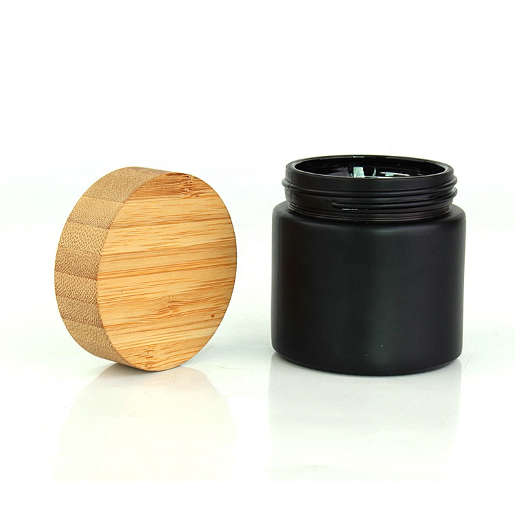 Custom empty 170ml 5oz round straight side matte black glass storage jars airtight with bamboo wooden lid