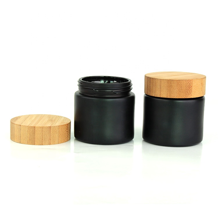 Custom empty 170ml 5oz round straight side matte black glass storage jars airtight with bamboo wooden lid