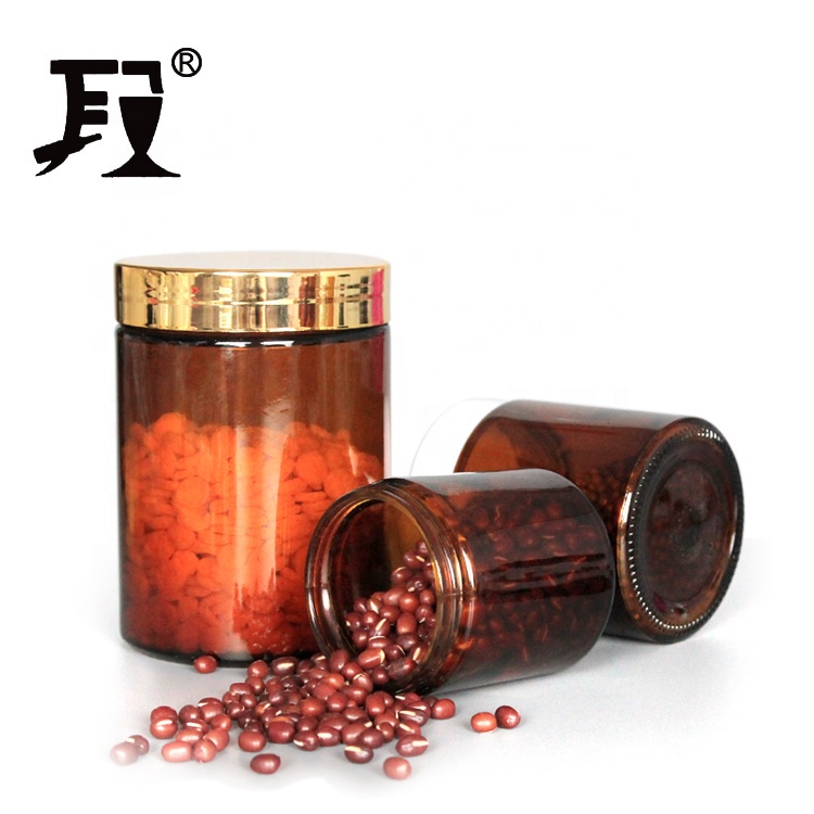 Custom empty16oz 500ml  round amber glass jar for food storage spice cookie with plastic screw lids