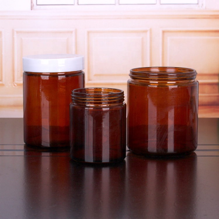 Custom empty16oz 500ml round amber glass jar for food storage spice cookie with plastic screw lids
