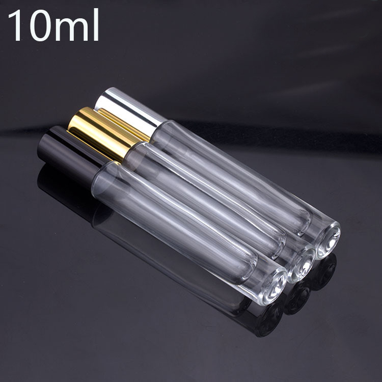 Custom fancy 10ml clear cylinder thick wall heavy bottom roll on essential oil glass bottles with metal roller balls for perfume