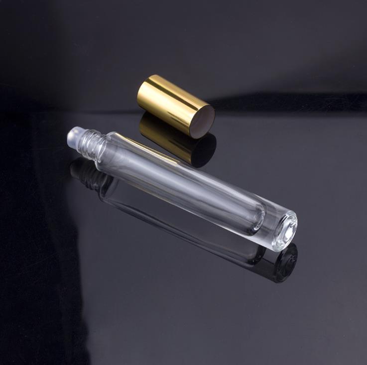 Custom fancy 10ml clear cylinder thick wall heavy bottom roll on essential oil glass bottles with metal roller balls for perfume