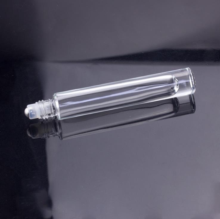 Custom fancy 10ml clear cylinder thick wall heavy bottom roll on essential oil glass bottles with metal roller balls for perfume