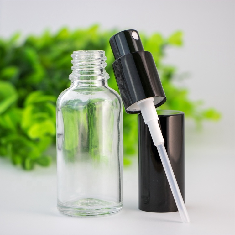 Custom frosted glass bottle spray transparent spray with black aluminum lid