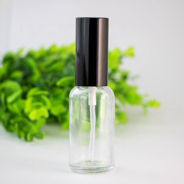Custom frosted glass bottle spray transparent spray with black aluminum lid