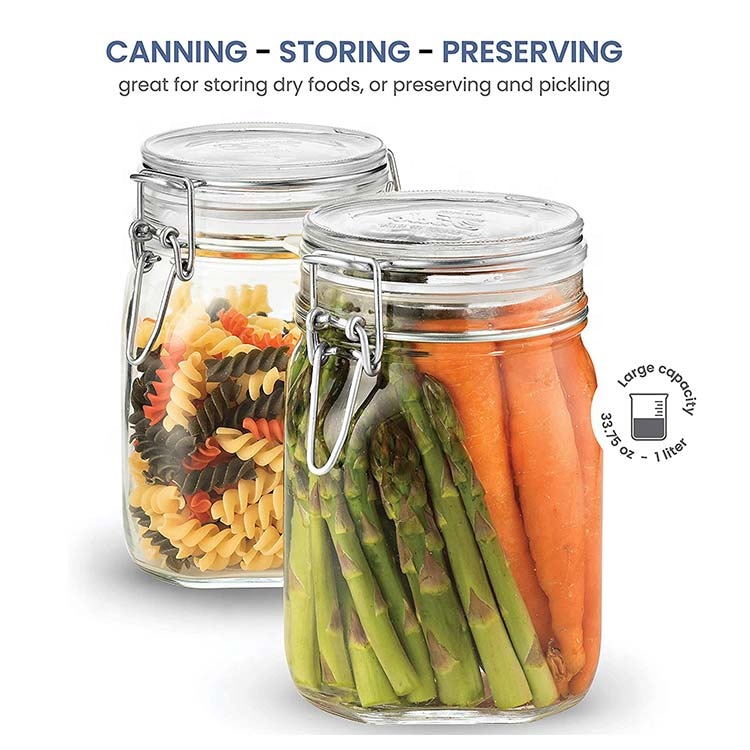 Custom glass Mason jar 1 liter 1000ml round glass food storage canning jar with Airtight flip Lids