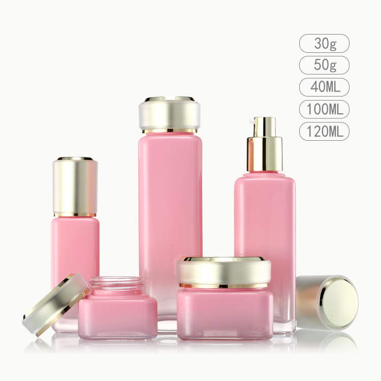 Custom glass packaging container cosmetic 30g 50g plastic gold lid pink cosmetic jar for skin cream