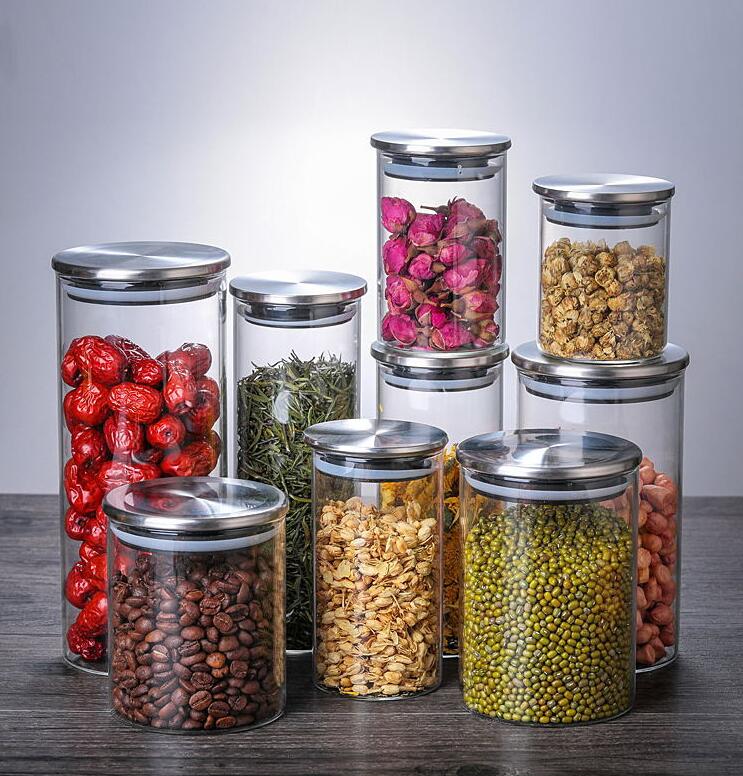 Custom glass sealed tank glass stainless steel cover glass tea canister kitchen grain food storage tank