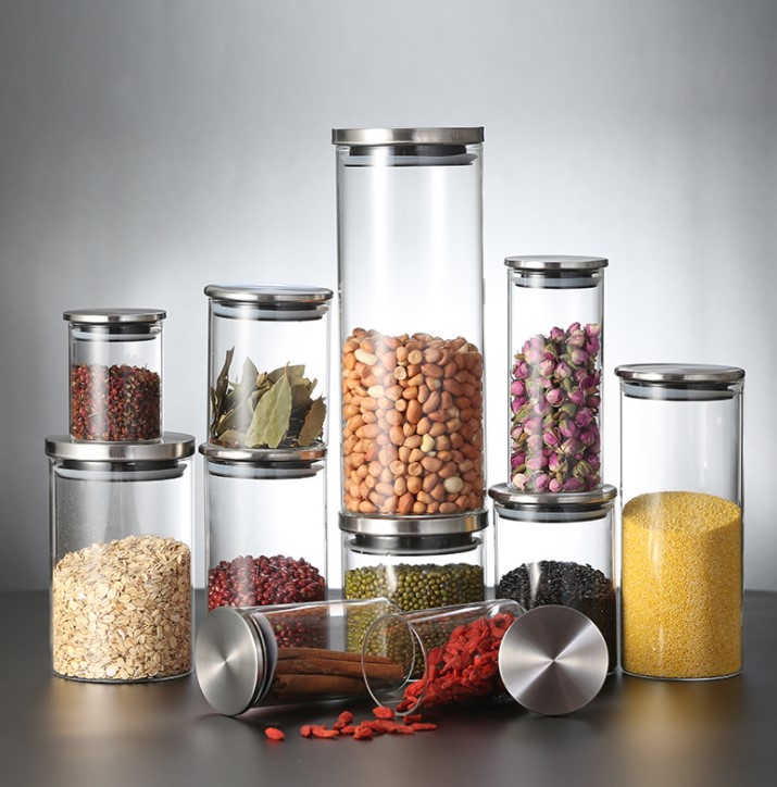 Custom glass sealed tank glass stainless steel cover glass tea canister kitchen grain food storage tank