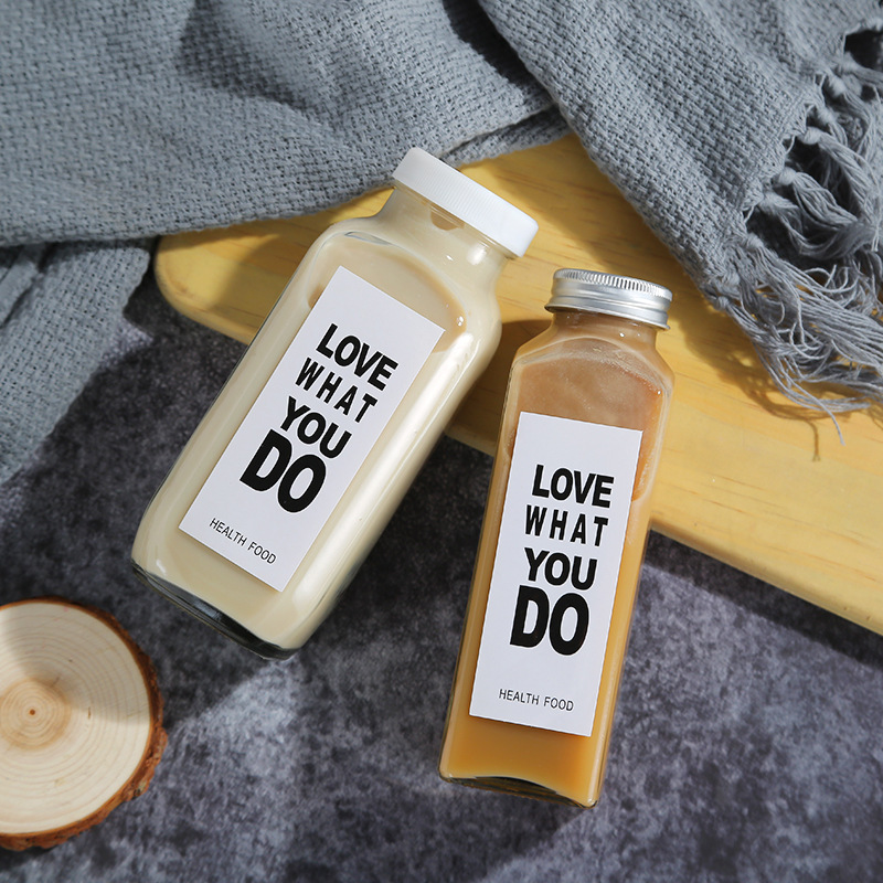 Custom glass spirit bottle square 250ml/350ml/500ml Juice Beverage Milk Coffee Kombucha French Square Glass Juice Bottles