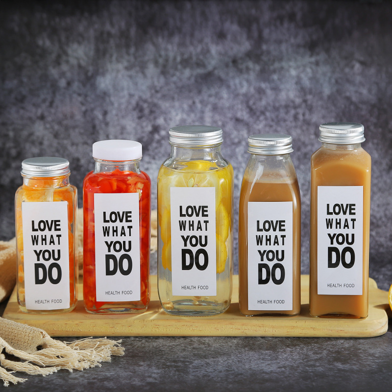 Custom glass spirit bottle square 250ml/350ml/500ml Juice Beverage Milk Coffee Kombucha French Square Glass Juice Bottles