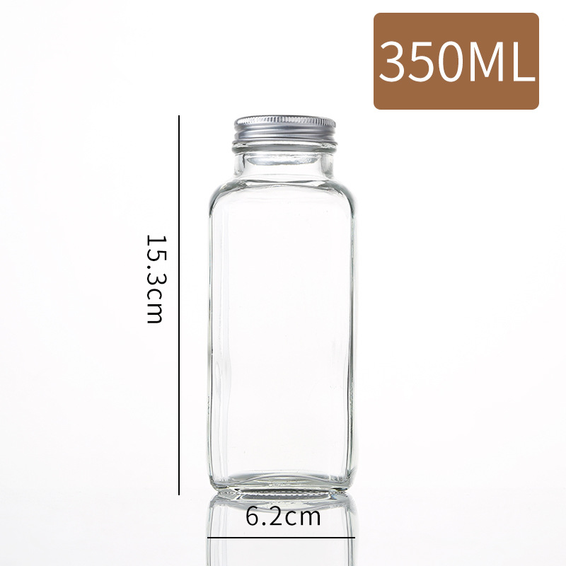Custom glass spirit bottle square 250ml/350ml/500ml Juice Beverage Milk Coffee Kombucha French Square Glass Juice Bottles