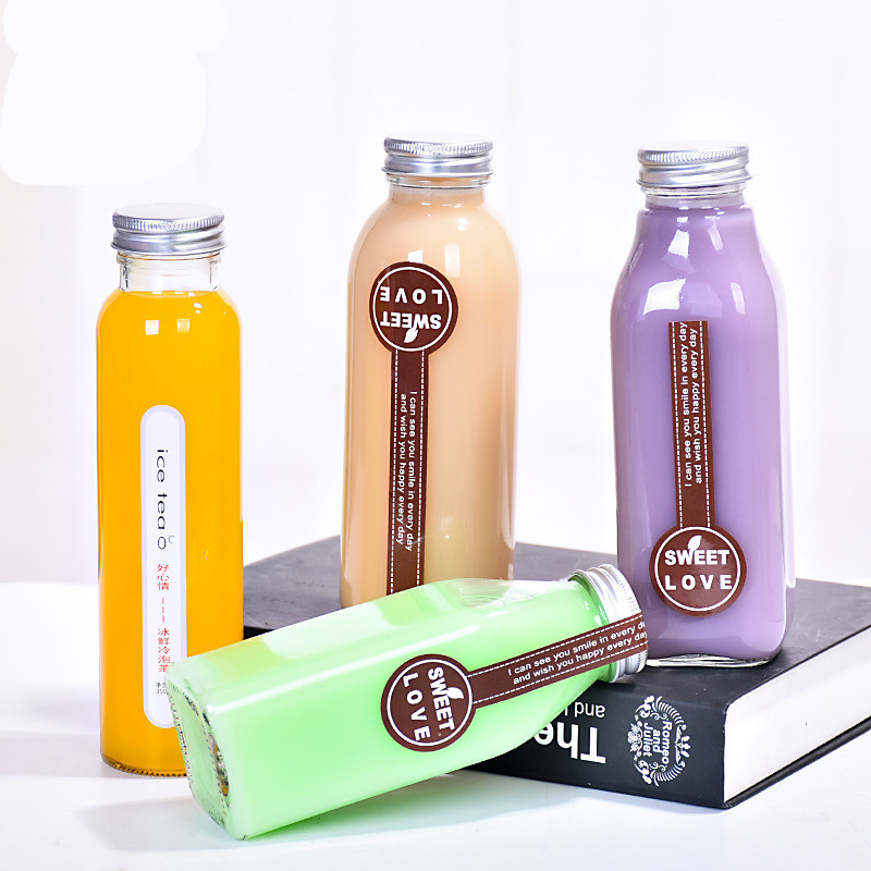 Custom glass spirit bottle square 350ml/500ml Juice Beverage Milk Coffee Kombucha French Square Glass Juice Bottles