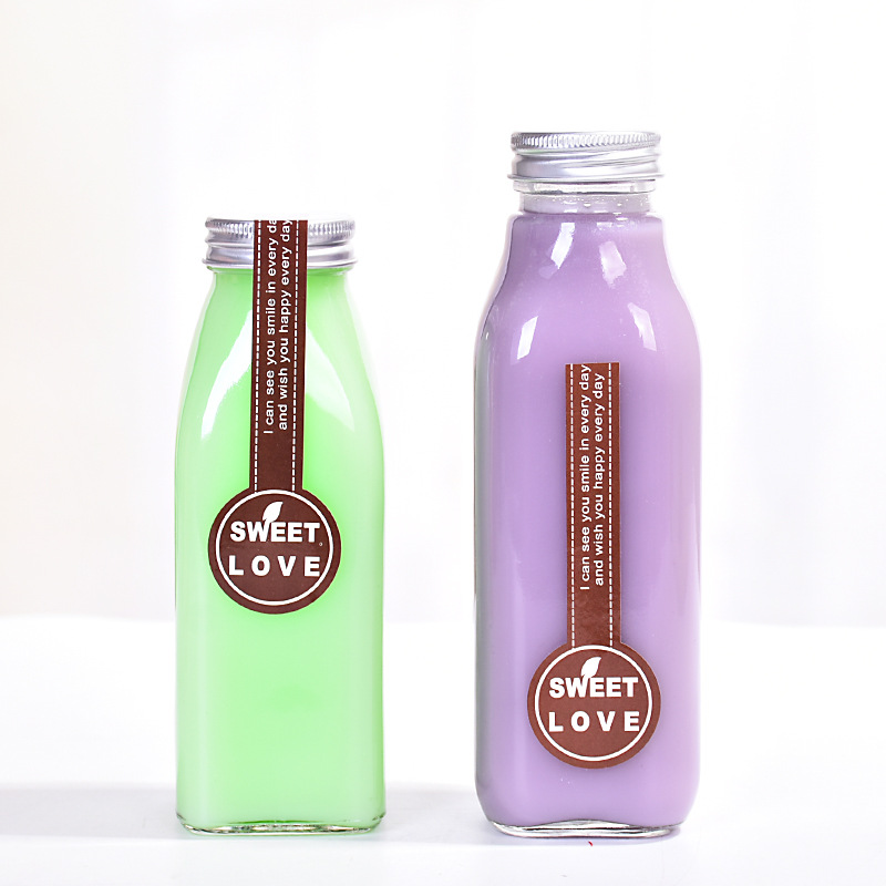 Custom glass spirit bottle square 350ml/500ml Juice Beverage Milk Coffee Kombucha French Square Glass Juice Bottles