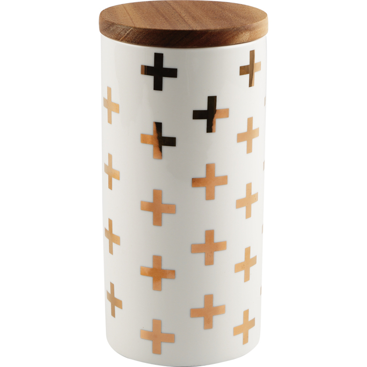 Custom gold print decor cylinder bamboo lid sealed tea coffee candy kitchen ceramic storage jar with lid