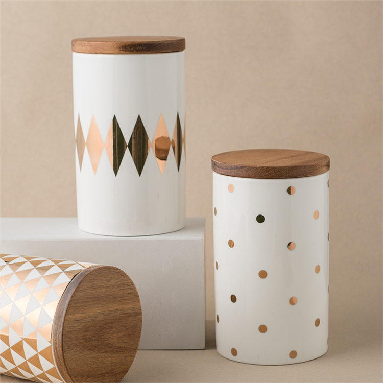 Custom gold print decor cylinder bamboo lid sealed tea coffee candy kitchen ceramic storage jar with lid