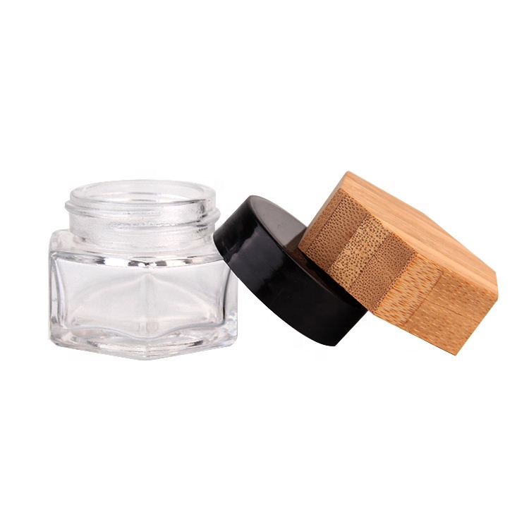 Custom hexagonal 25ml luxury cosmetic jar with bamboo wooden lid